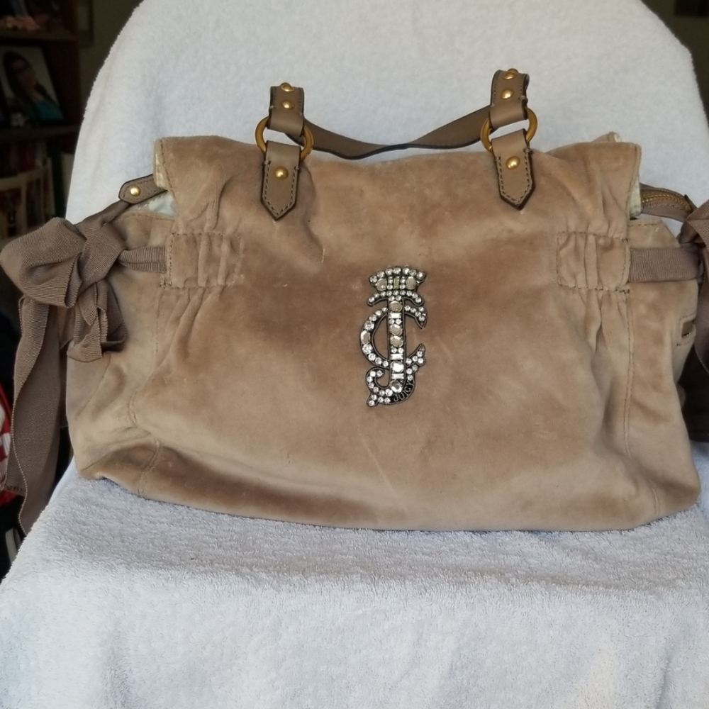 Juicy Couture tan velour over the shoulder bag